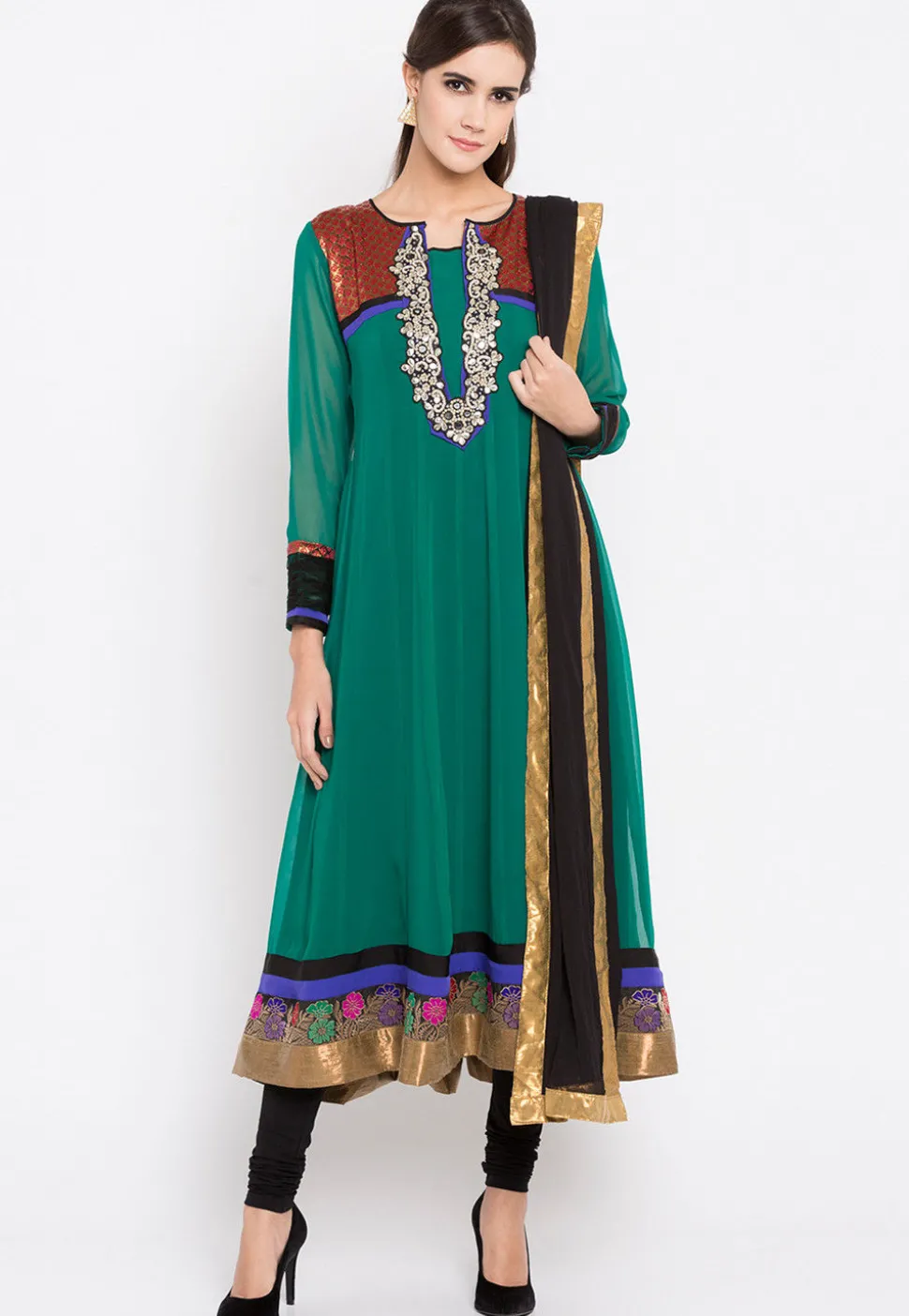 Embroidered Georgette Anarkali Suit in Teal Green