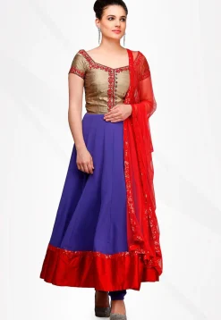 Embroidered Georgette Anarkali Suit in Red and Blue