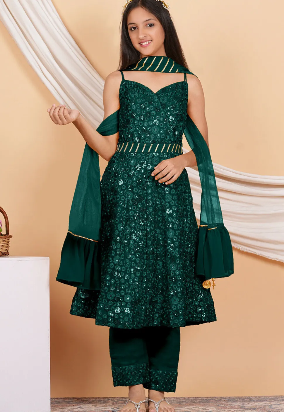 Embroidered Georgette Anarkali Suit in Dark Green