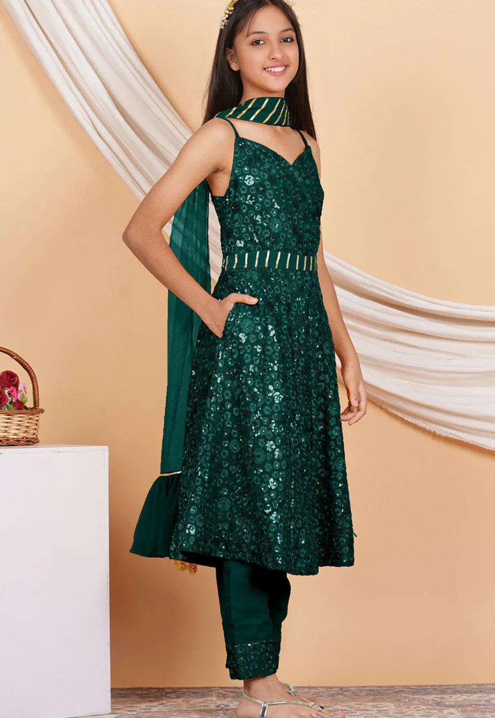 Embroidered Georgette Anarkali Suit in Dark Green