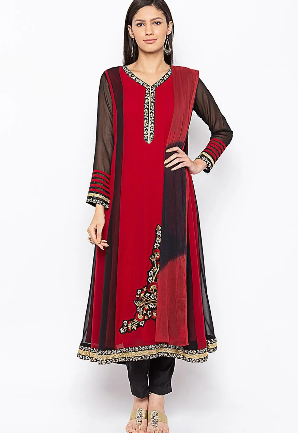 Embroidered Georgette Anarkali Suit in Maroon and Black