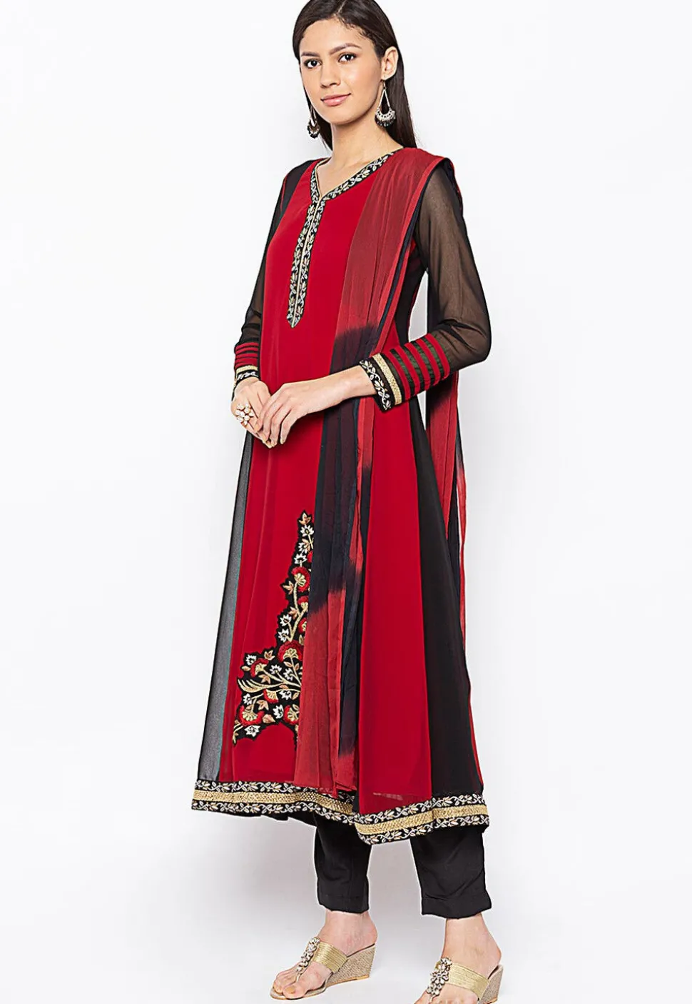 Embroidered Georgette Anarkali Suit in Maroon and Black