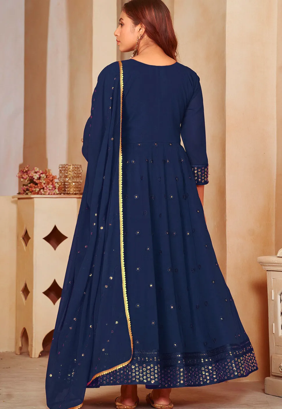 Embroidered Georgette Anarkali Suit in Navy Blue