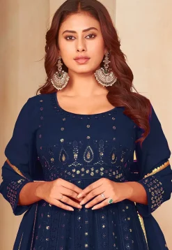 Embroidered Georgette Anarkali Suit in Navy Blue