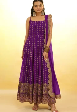 Embroidered Georgette Anarkali Suit in Purple