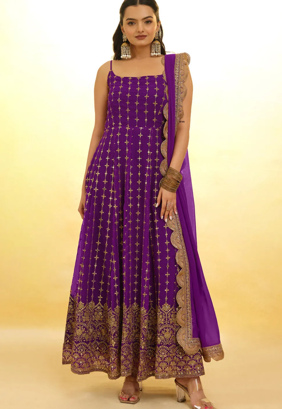 Embroidered Georgette Anarkali Suit in Purple