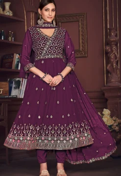 Embroidered Georgette Anarkali Suit in Purple