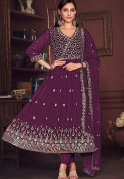Embroidered Georgette Anarkali Suit in Purple
