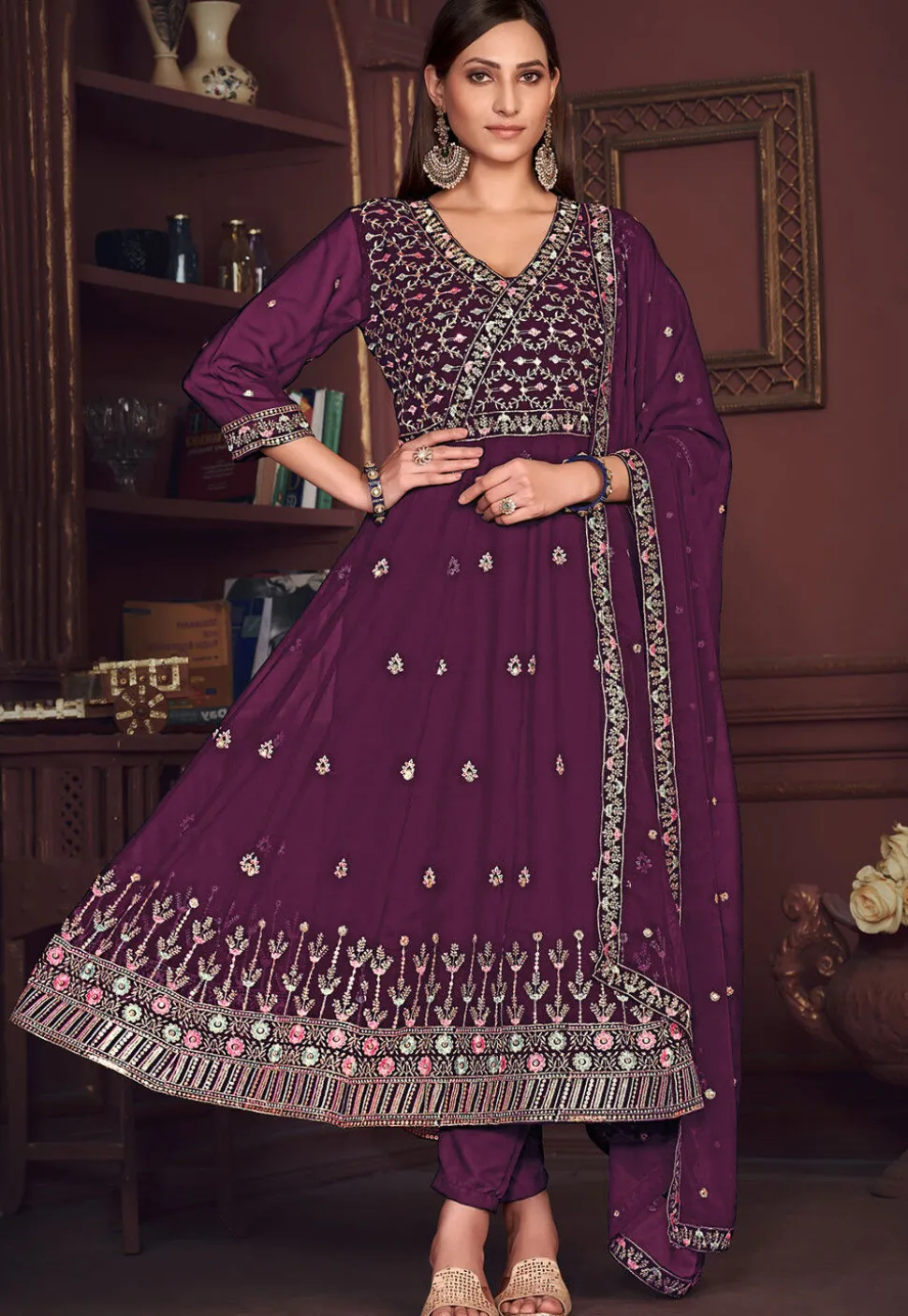 Embroidered Georgette Anarkali Suit in Purple