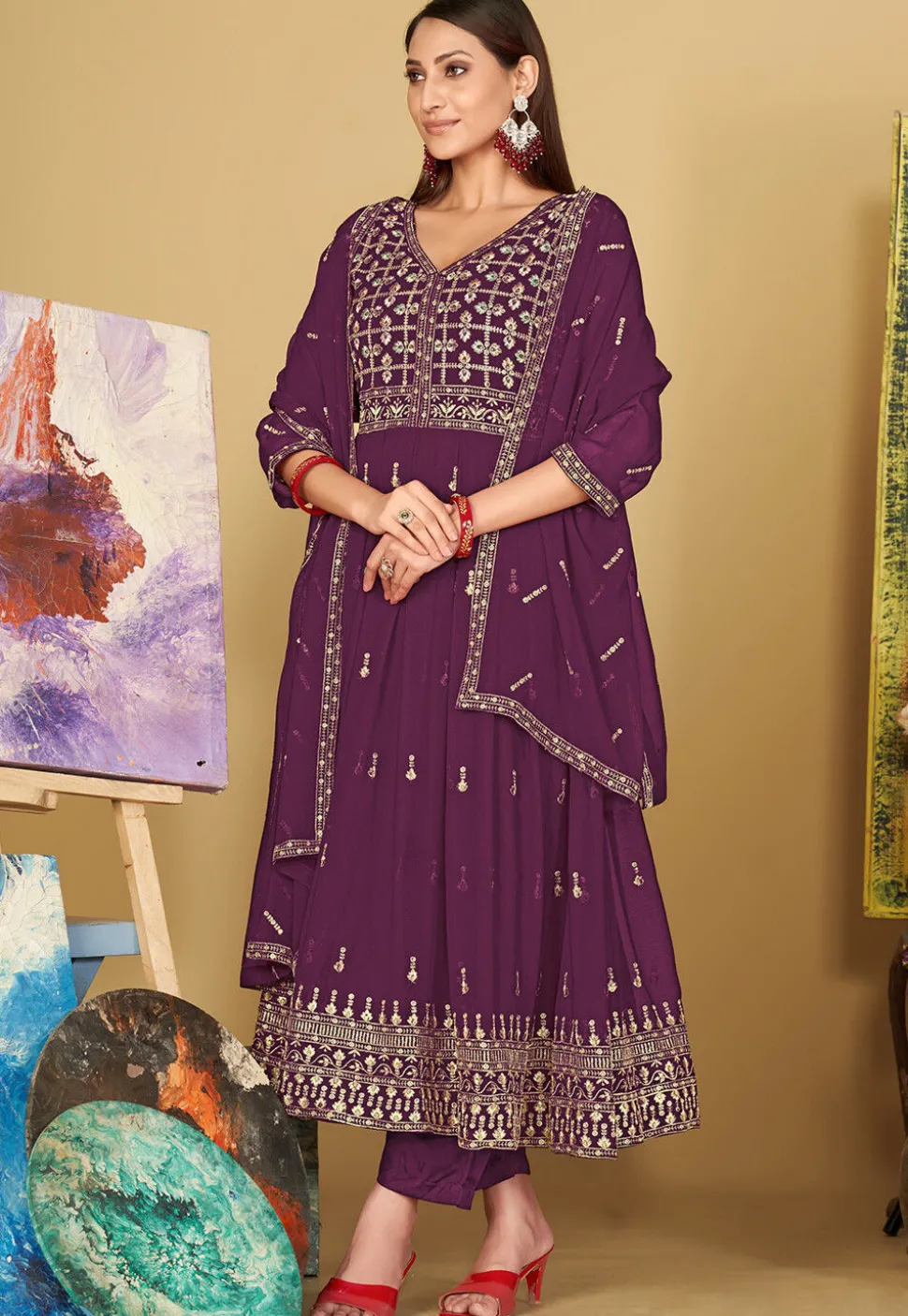 Embroidered Georgette Anarkali Suit in Purple