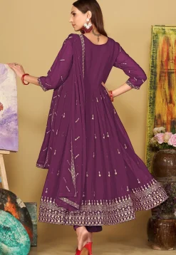Embroidered Georgette Anarkali Suit in Purple