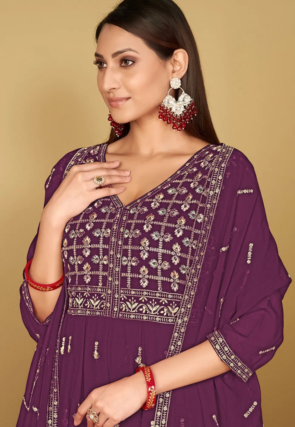 Embroidered Georgette Anarkali Suit in Purple