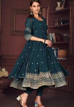 Embroidered Georgette Anarkali Suit in Teal Blue