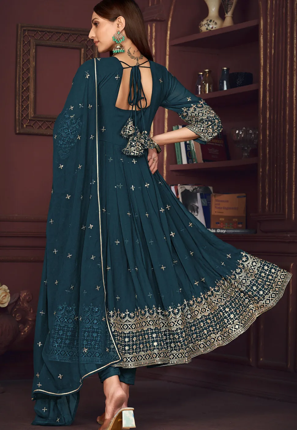Embroidered Georgette Anarkali Suit in Teal Blue
