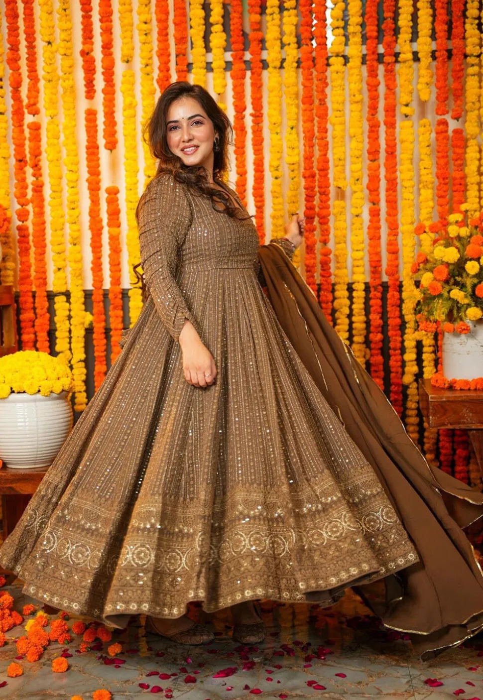 Embroidered Georgette Anarkali Suit in Brown