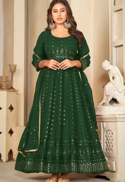 Embroidered Georgette Anarkali Suit in Dark Green
