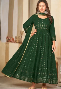 Embroidered Georgette Anarkali Suit in Dark Green