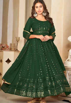 Embroidered Georgette Anarkali Suit in Dark Green