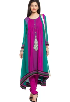 Embroidered Georgette Anarkali Suit in Magenta and Teal Green