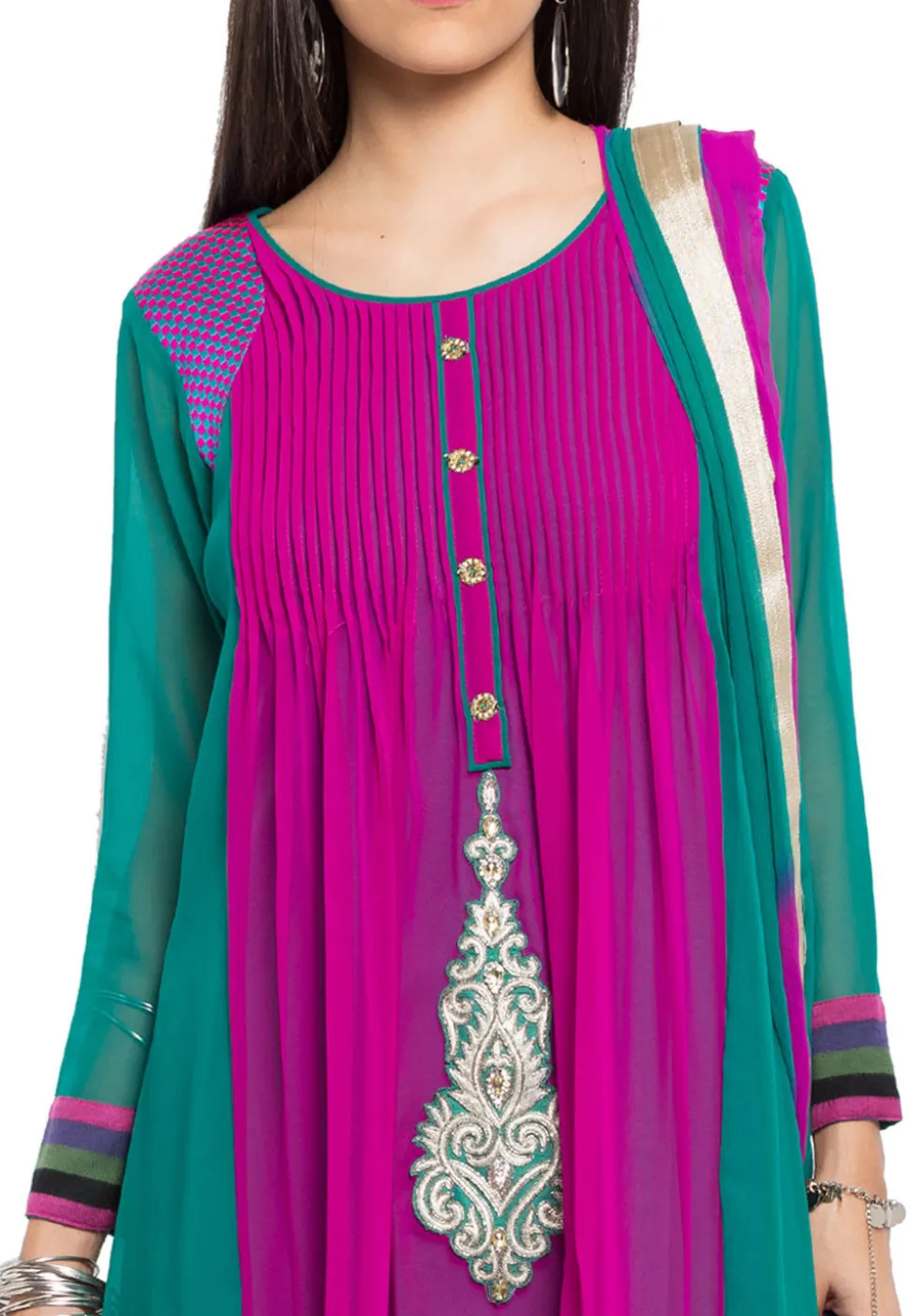 Embroidered Georgette Anarkali Suit in Magenta and Teal Green