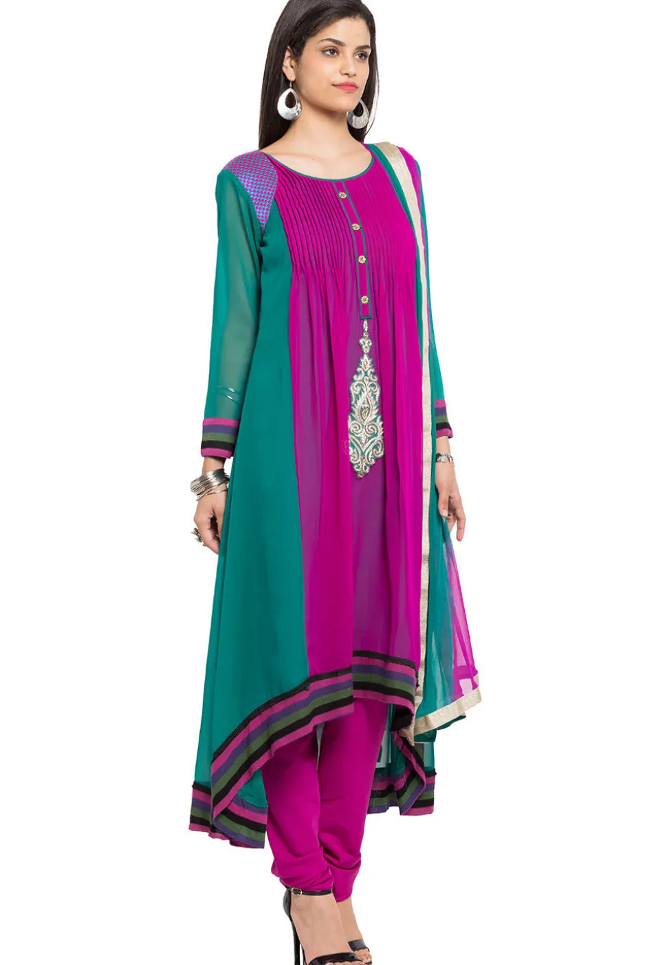 Embroidered Georgette Anarkali Suit in Magenta and Teal Green