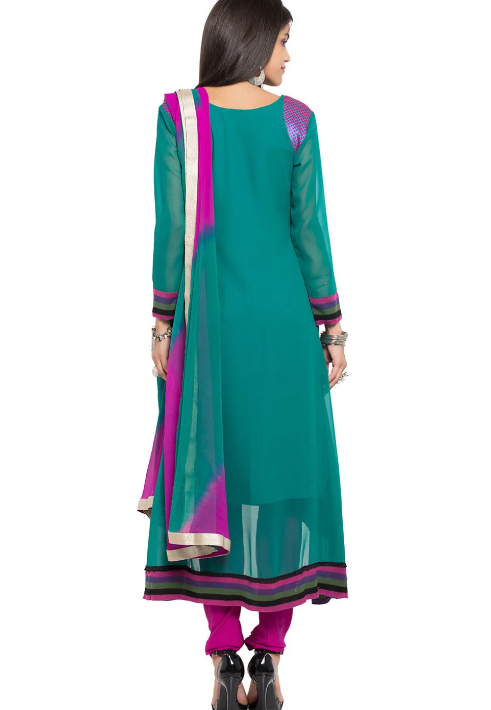 Embroidered Georgette Anarkali Suit in Magenta and Teal Green