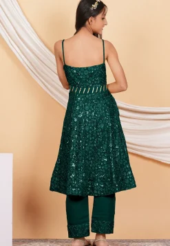 Embroidered Georgette Anarkali Kurta Set in Dark Green