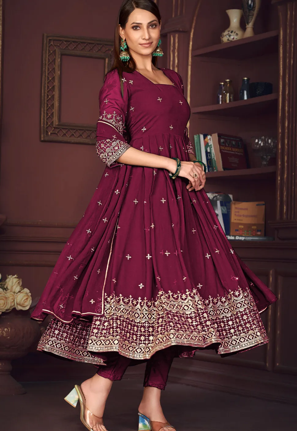 Embroidered Georgette Anarkali Suit in Dark Pink