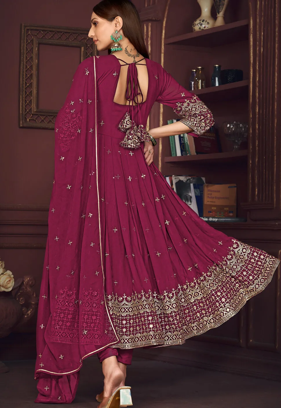 Embroidered Georgette Anarkali Suit in Dark Pink