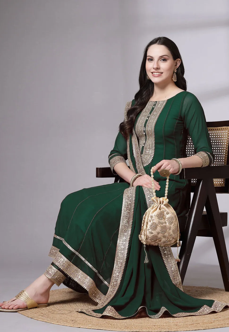 Embroidered Georgette Anarkali Suit in Dark Green