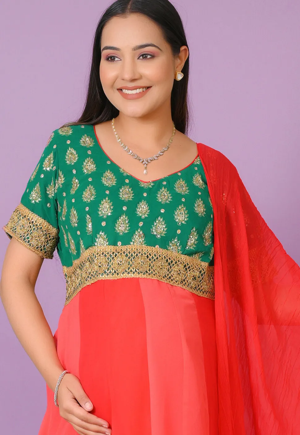 Embroidered Georgette Anarkali Suit in Shaded Red And Green