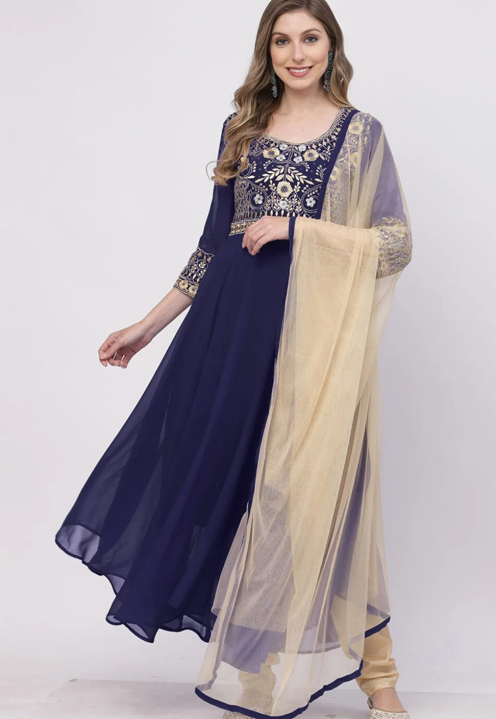 Embroidered Georgette Anarkali Suit in Navy Blue