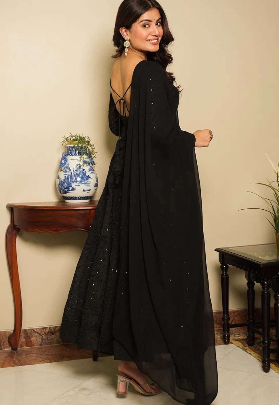 Embroidered Georgette Anarkali Suit in Black