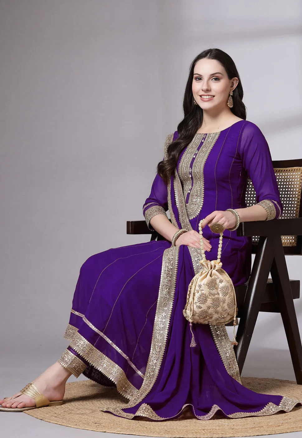 Embroidered Georgette Anarkali Suit in Dark Purple
