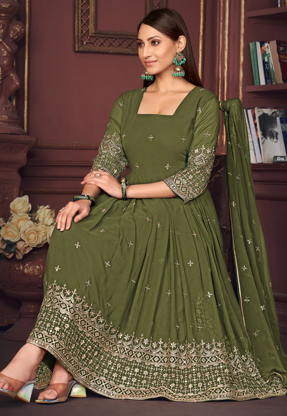 Embroidered Georgette Anarkali Suit in Olive Green