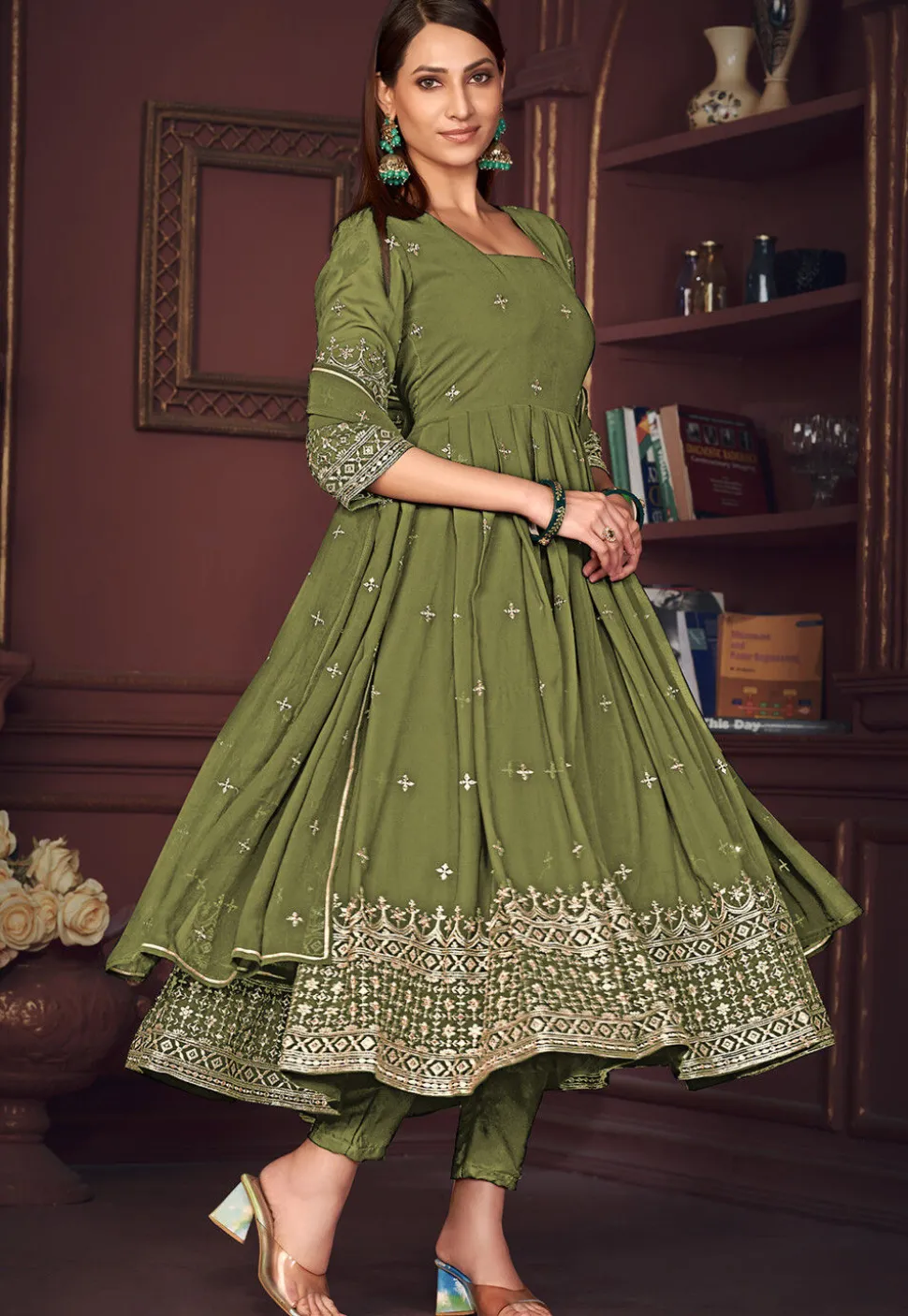 Embroidered Georgette Anarkali Suit in Olive Green