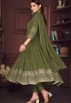 Embroidered Georgette Anarkali Suit in Olive Green