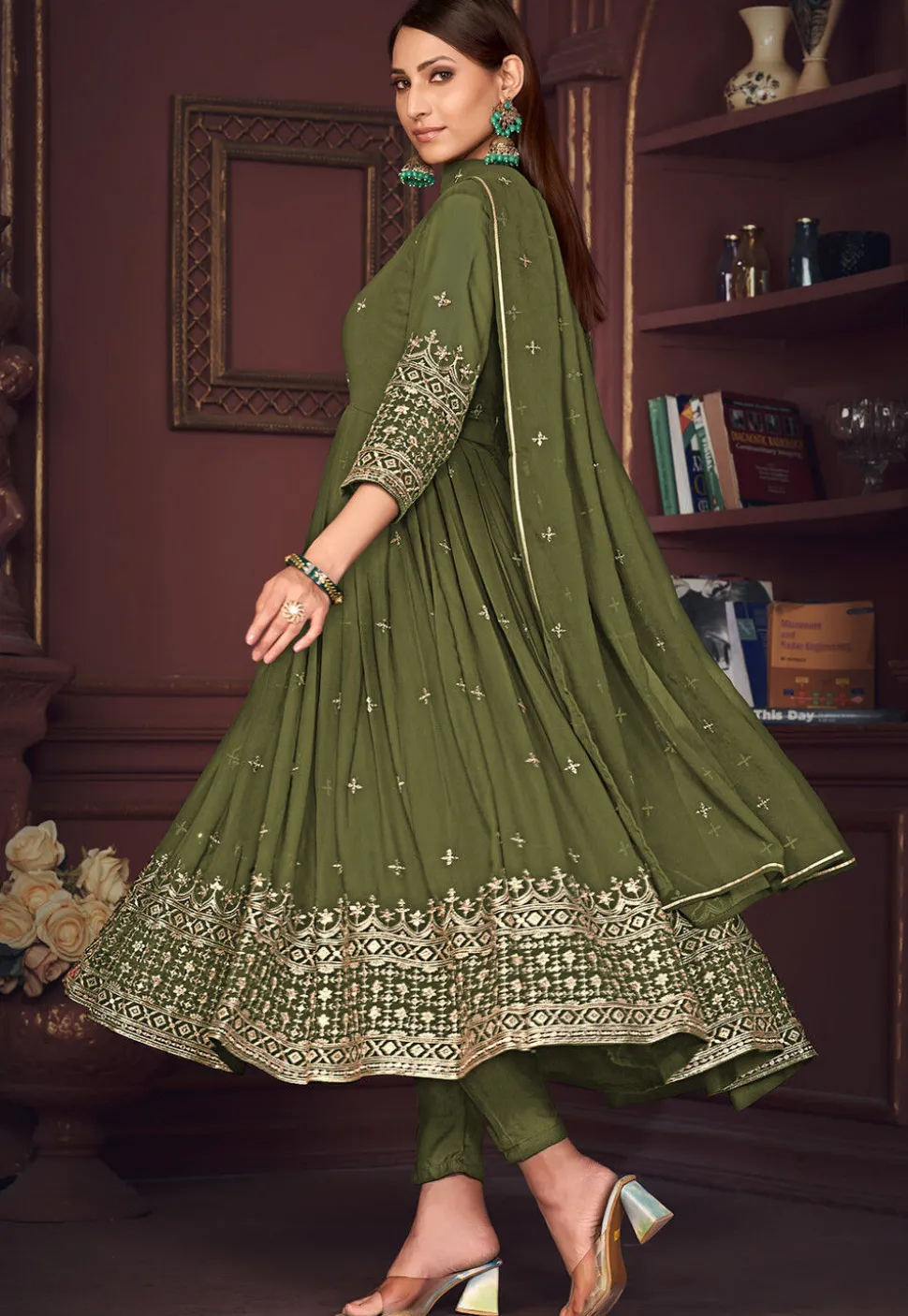 Embroidered Georgette Anarkali Suit in Olive Green