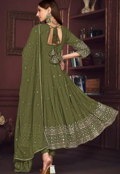Embroidered Georgette Anarkali Suit in Olive Green