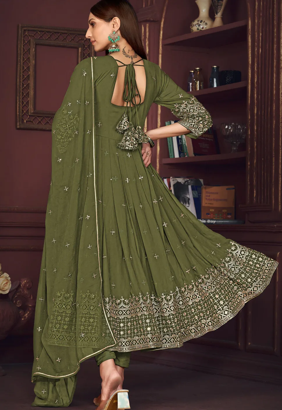Embroidered Georgette Anarkali Suit in Olive Green