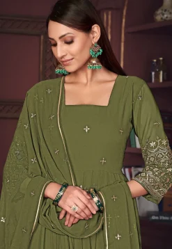 Embroidered Georgette Anarkali Suit in Olive Green