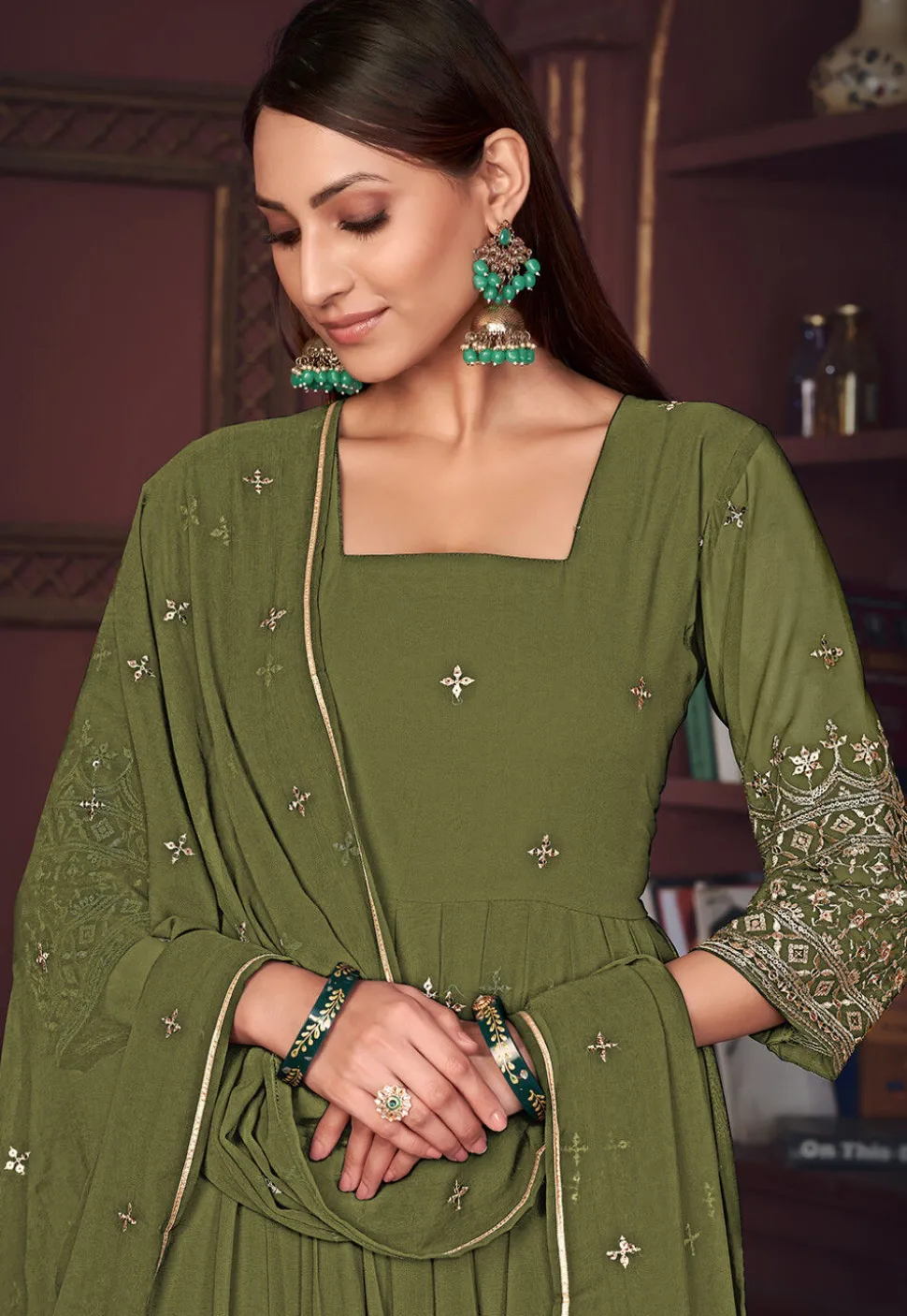 Embroidered Georgette Anarkali Suit in Olive Green