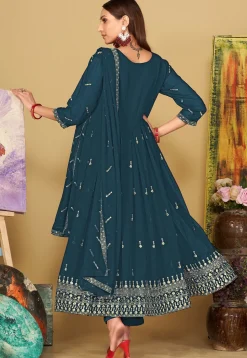 Embroidered Georgette Anarkali Suit in Teal Blue