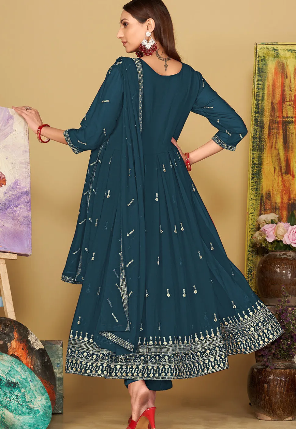Embroidered Georgette Anarkali Suit in Teal Blue