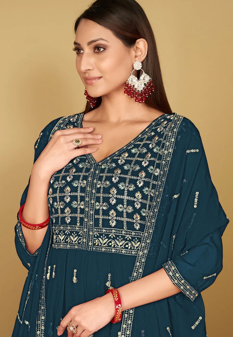 Embroidered Georgette Anarkali Suit in Teal Blue