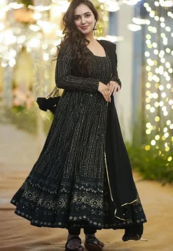 Embroidered Georgette Anarkali Suit in Black