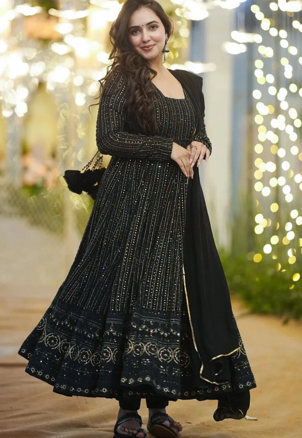 Embroidered Georgette Anarkali Suit in Black
