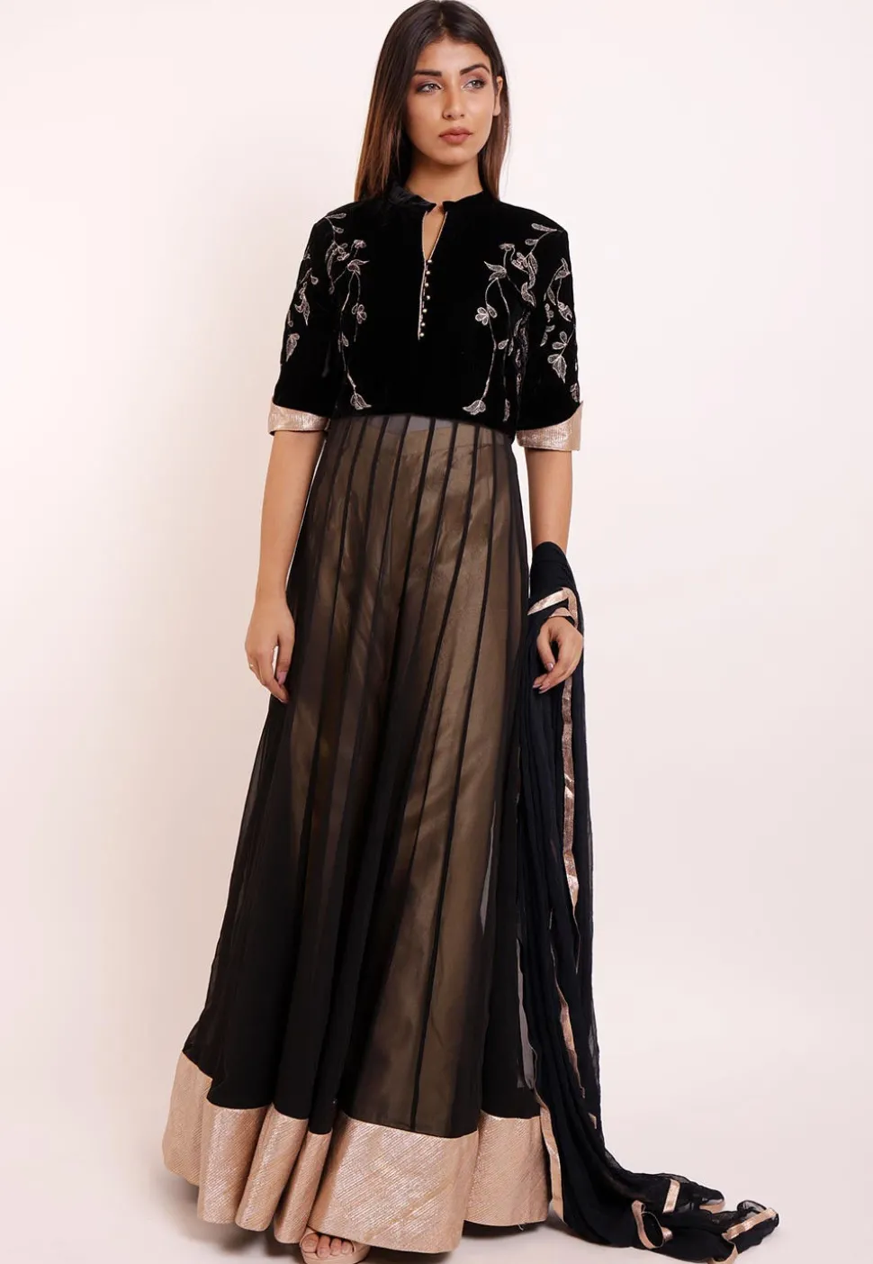 Embroidered Georgette and Velvet Abaya Style Suit in Black