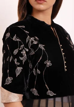 Embroidered Georgette and Velvet Abaya Style Suit in Black
