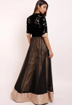 Embroidered Georgette and Velvet Abaya Style Suit in Black